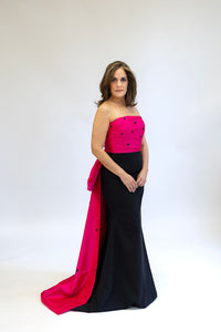 COLOR BLOCK DRESS IN BLACK CREPE AND HOT PINK SILK TAFFETA WITH BLACK CRYSTALS