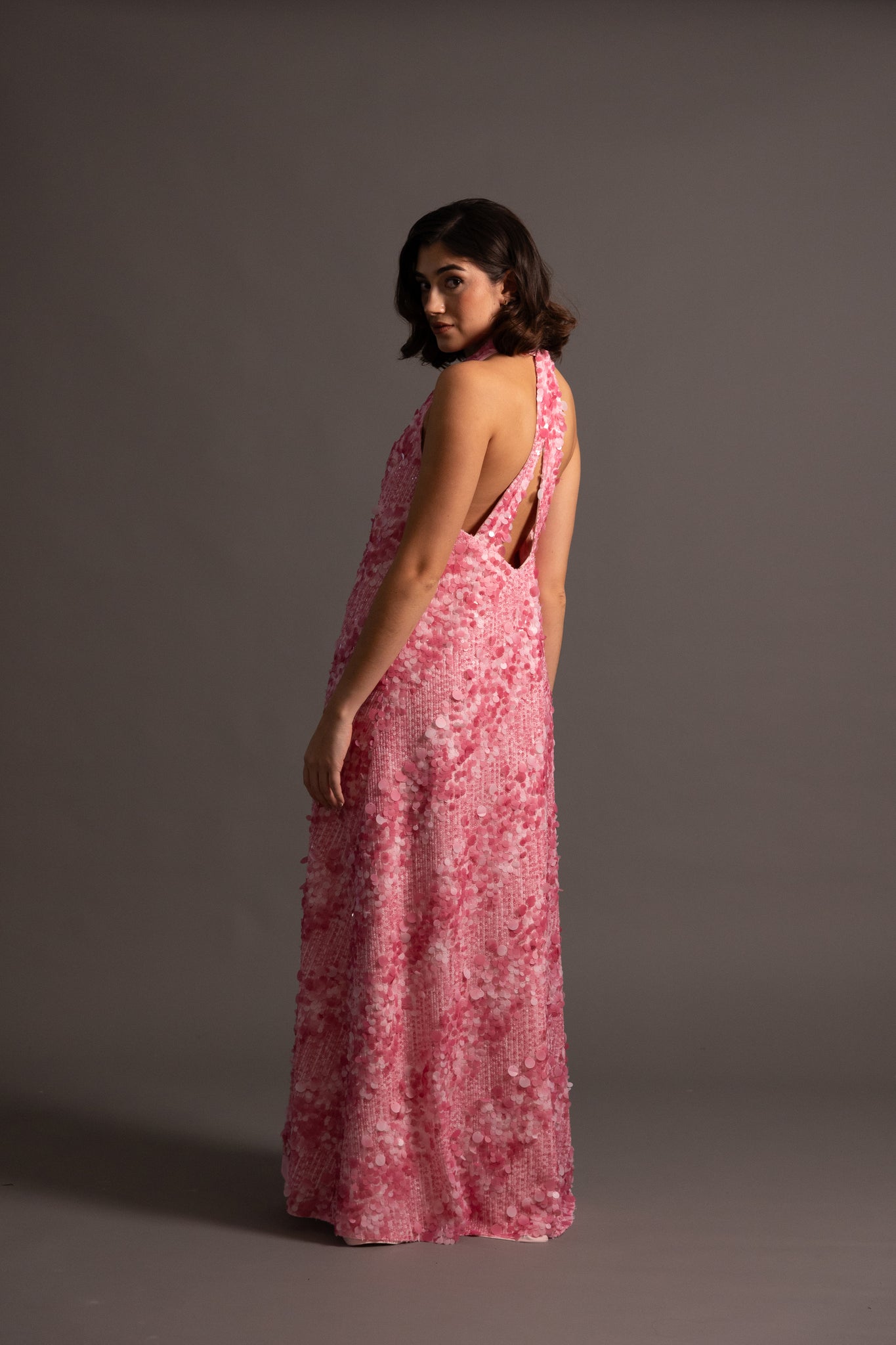 GINNY HALTER GOWN IN BABY PINK