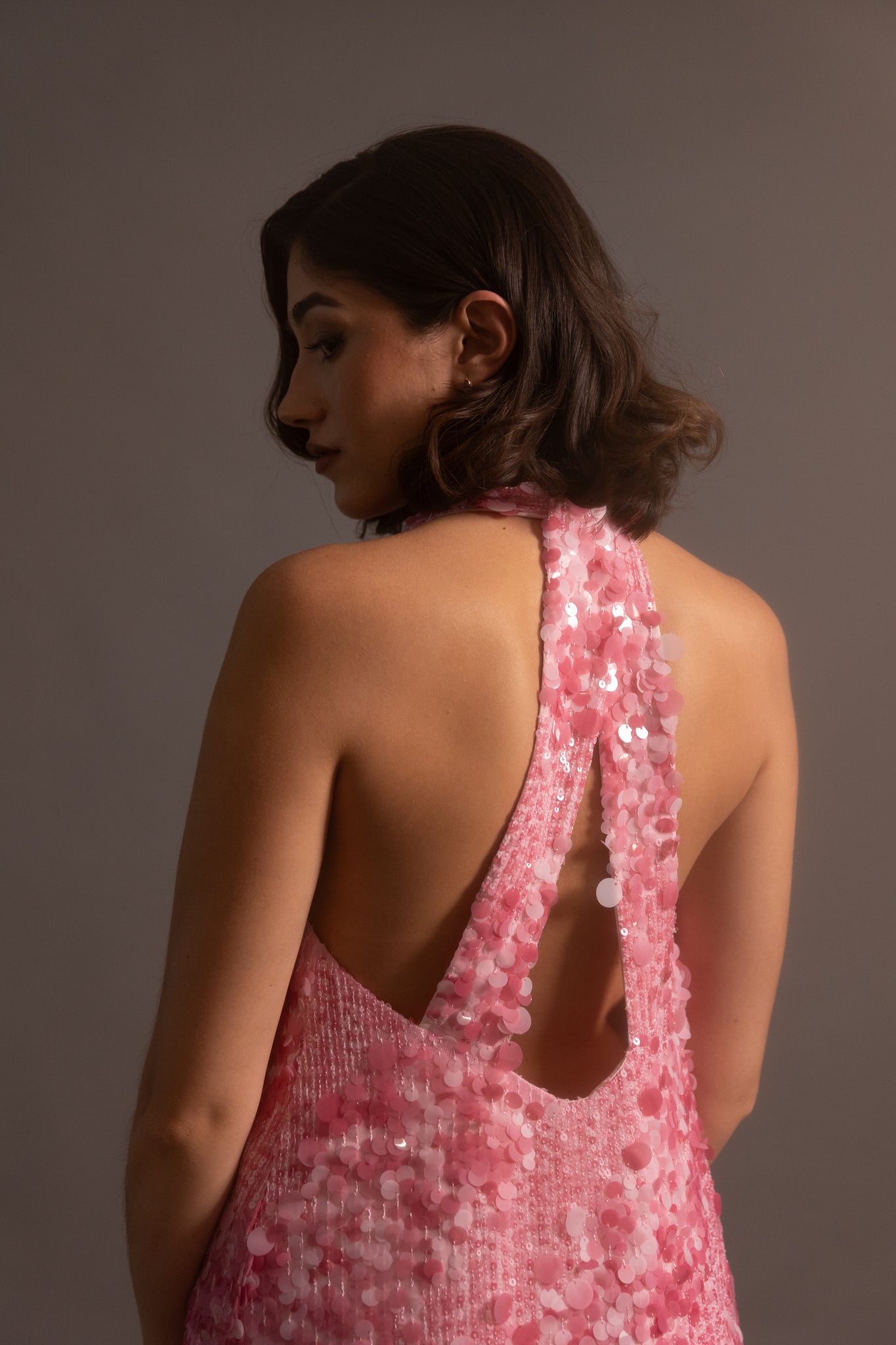 GINNY HALTER GOWN IN BABY PINK