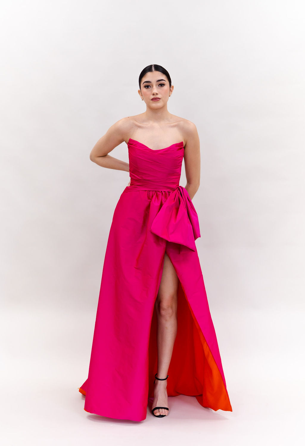 DRAPPED TAFFETA FIUSHA GOWN WITH SIDE SLIT