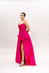 DRAPPED TAFFETA FIUSHA GOWN WITH SIDE SLIT