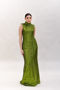 TURTLE NECK FULL SEQUIN OLIVE GOWN