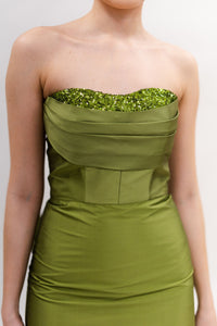 OLIVE TAFFETA AND SEQUIN GOWN