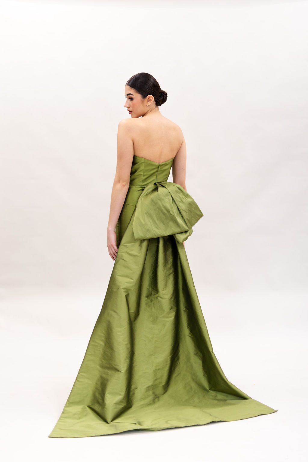 OLIVE TAFFETA AND SEQUIN GOWN