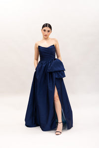 DRAPPED TAFFETA BLUE GOWN WITH SIDE SLIT