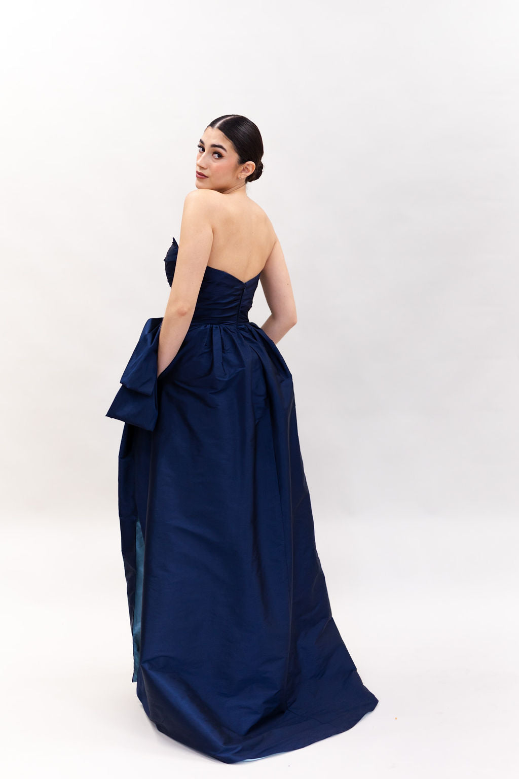 DRAPPED TAFFETA BLUE GOWN WITH SIDE SLIT