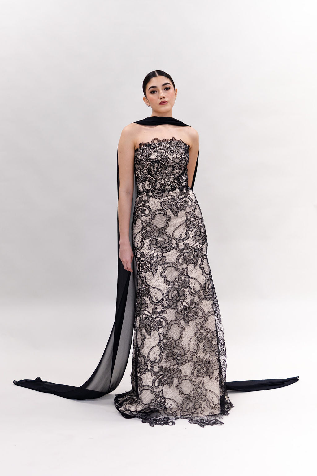 NUDE & BLACK LACE GOWN