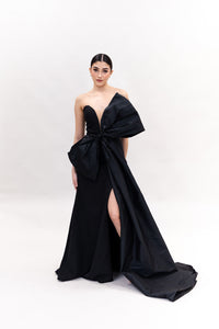 BLACK CREPE DEEP V NECK GOWN WITH BOW AND SWAROVSKI DETAILS