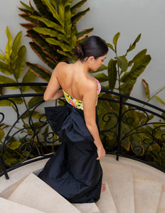 COLORFUL STRAPLESS EMBROIDERY TOP WITH TAFFETA SKIRT GOWN