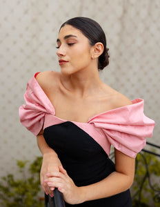 BLACK CREPE GOWN WITH SOFT PINK TAFFETA SLEEVES