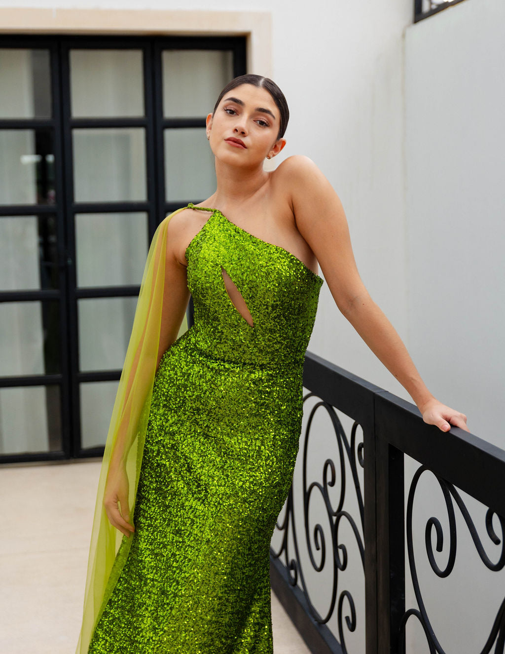 FULL GREEN SEQUIN ONE SHOULDER GOWN WITH CAPE