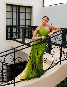 FULL GREEN SEQUIN ONE SHOULDER GOWN WITH CAPE