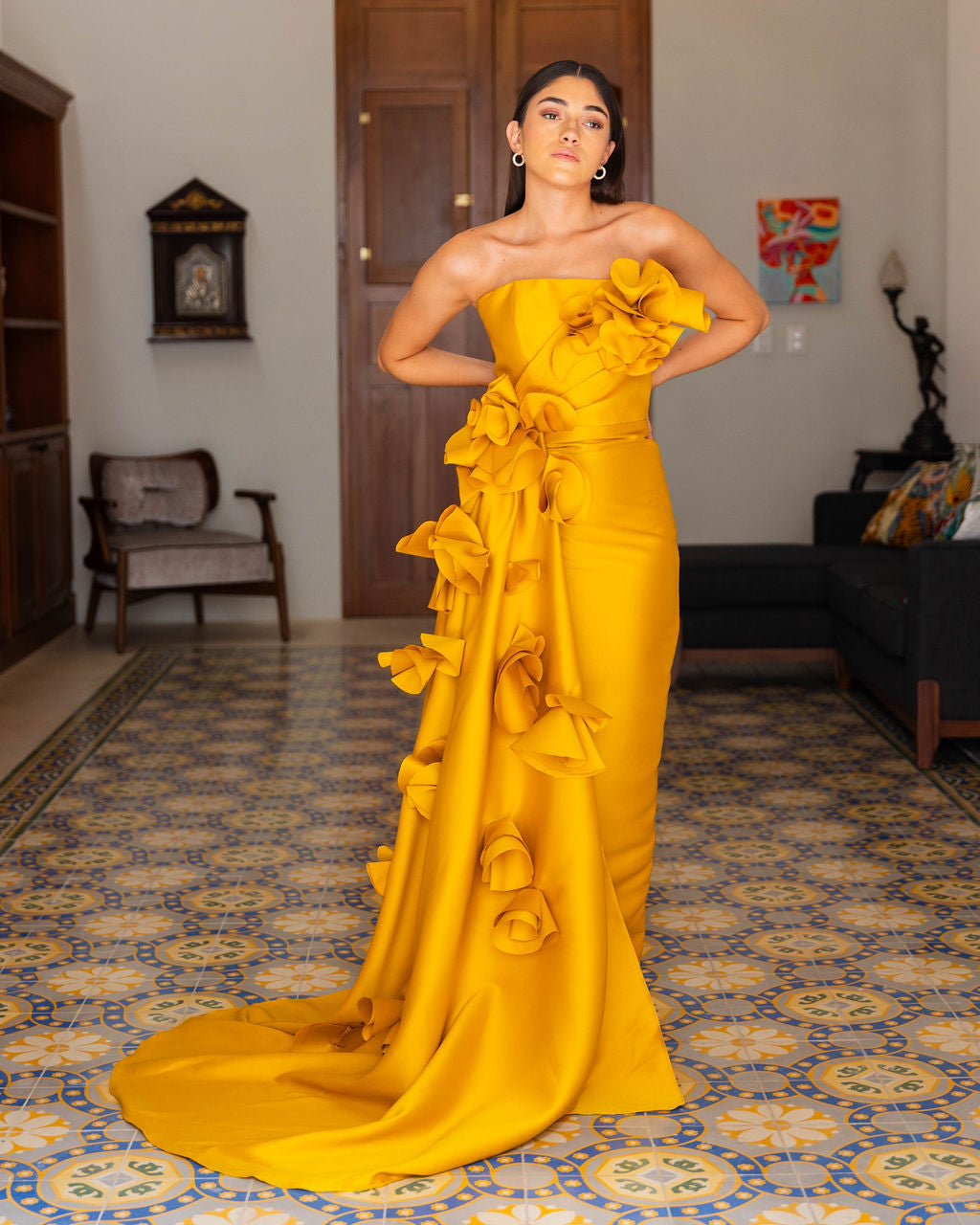 SILK MIKADO MUSTARD GOWN WITH 3D FLOWERS AND SIDE TRAIN