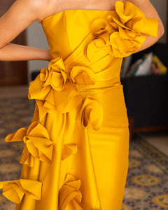 SILK MIKADO MUSTARD GOWN WITH 3D FLOWERS AND SIDE TRAIN