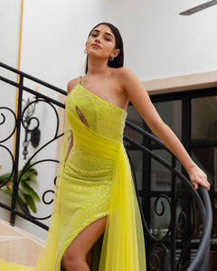 LIME SEQUIN DRAPED GOWN WITH TULLE TRAIN