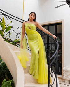 LIME SEQUIN DRAPED GOWN WITH TULLE TRAIN