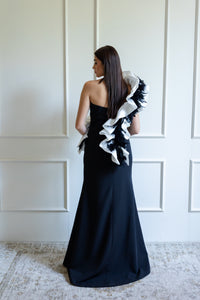 VIENNA MAXI IN BLACK AND WHITE WITH FEATHERS