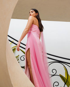 SOFT PINK SEQUIN DRAPED GOWN WITH TULLE TRAIN