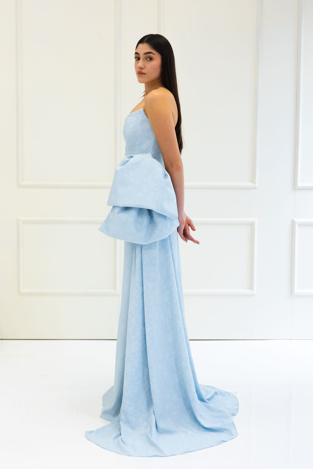 CLASSIC BROCADE BABY BLUE GOWN WITH SIDE TRAIN