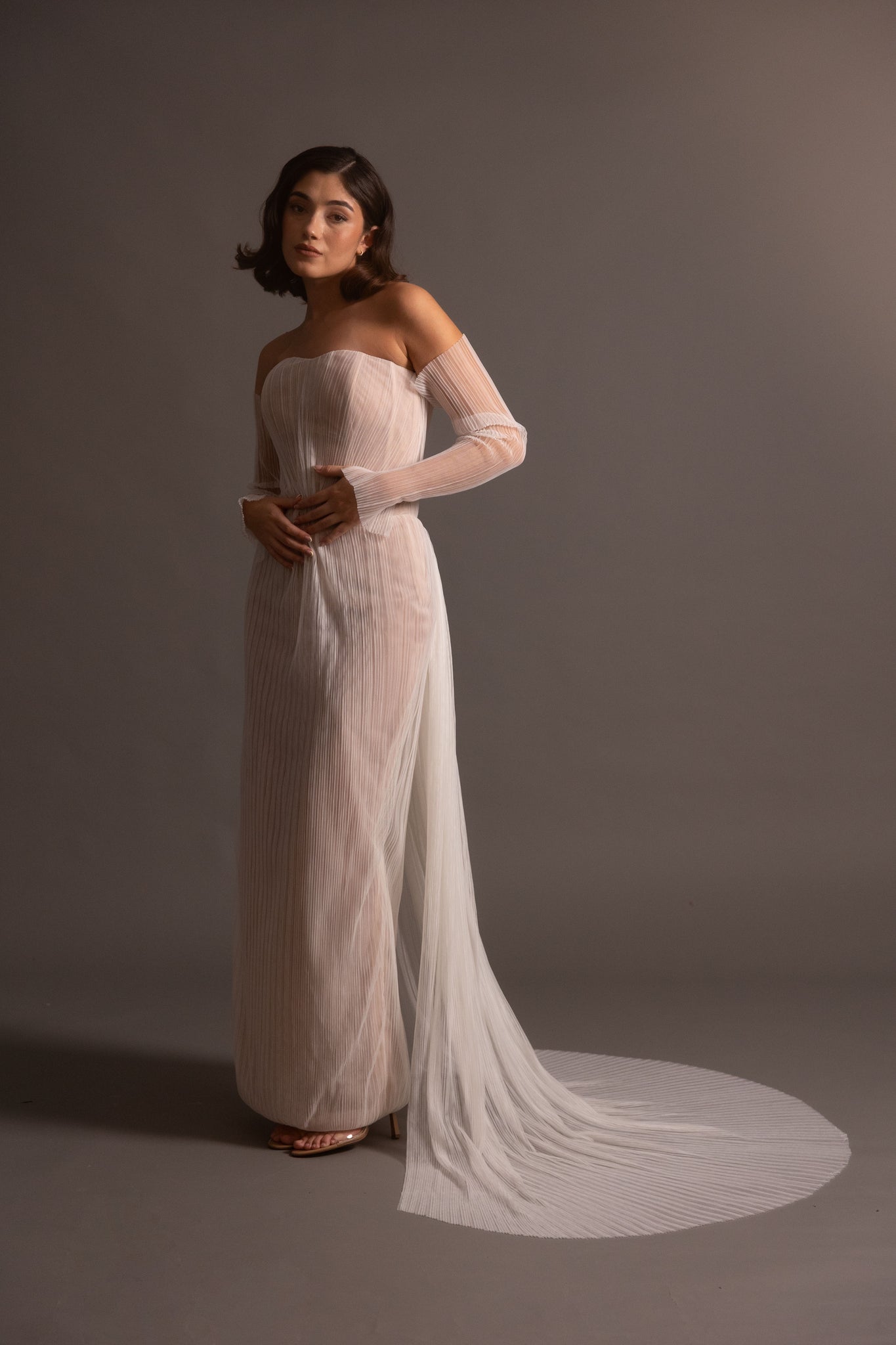 PLEATED BRIDAL TULLE GOWN