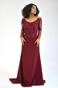 WINE MERMAID CREPE DRESS WITH LONG SLEEVES WITH EMBROIDERY DETAILS