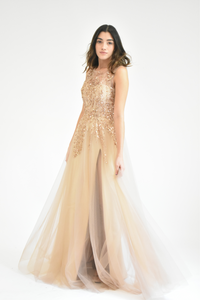 TULLE GOWN WITH GOLD EMBROIDERY DETAILS