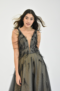 DEEP V NECK WITH CRISTAL & FEATHER DETAILS TULLE BALLGOWN IN BLACK