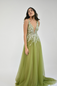 DEEP V NECK WITH EMBROIDERY OLIVE TULLE BALLGOWN