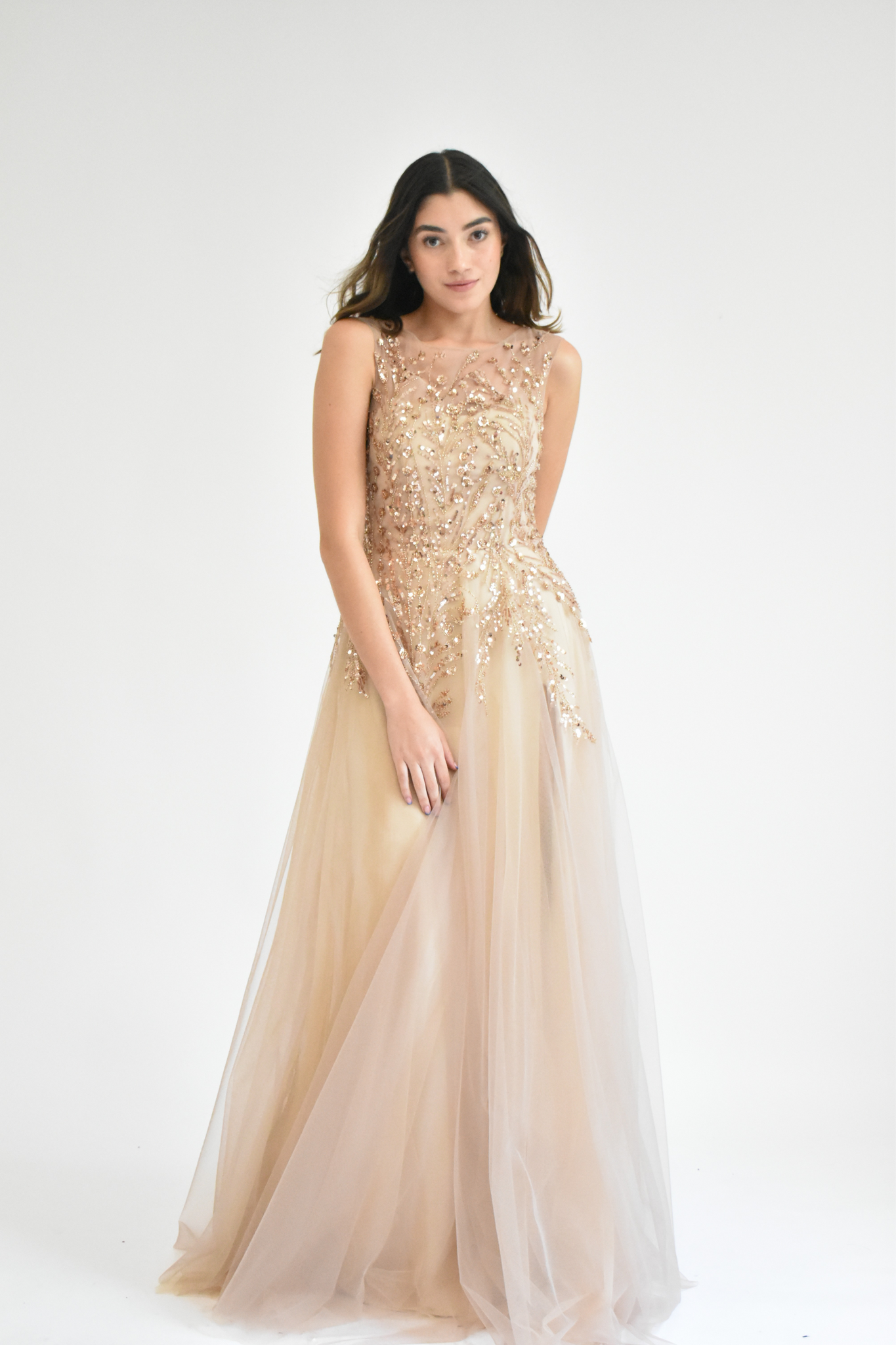 TULLE GOWN WITH GOLD EMBROIDERY DETAILS