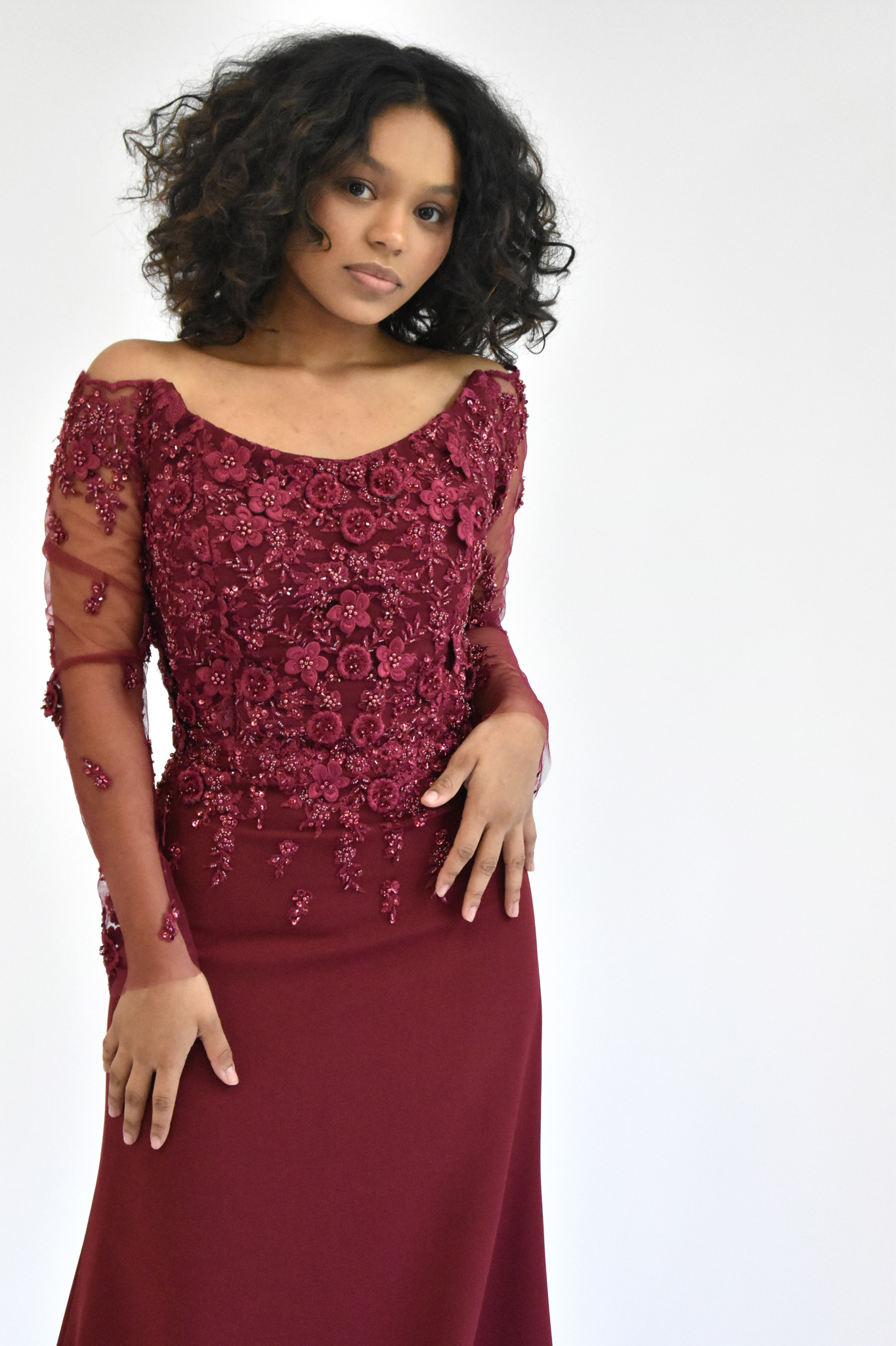 WINE MERMAID CREPE DRESS WITH LONG SLEEVES WITH EMBROIDERY DETAILS