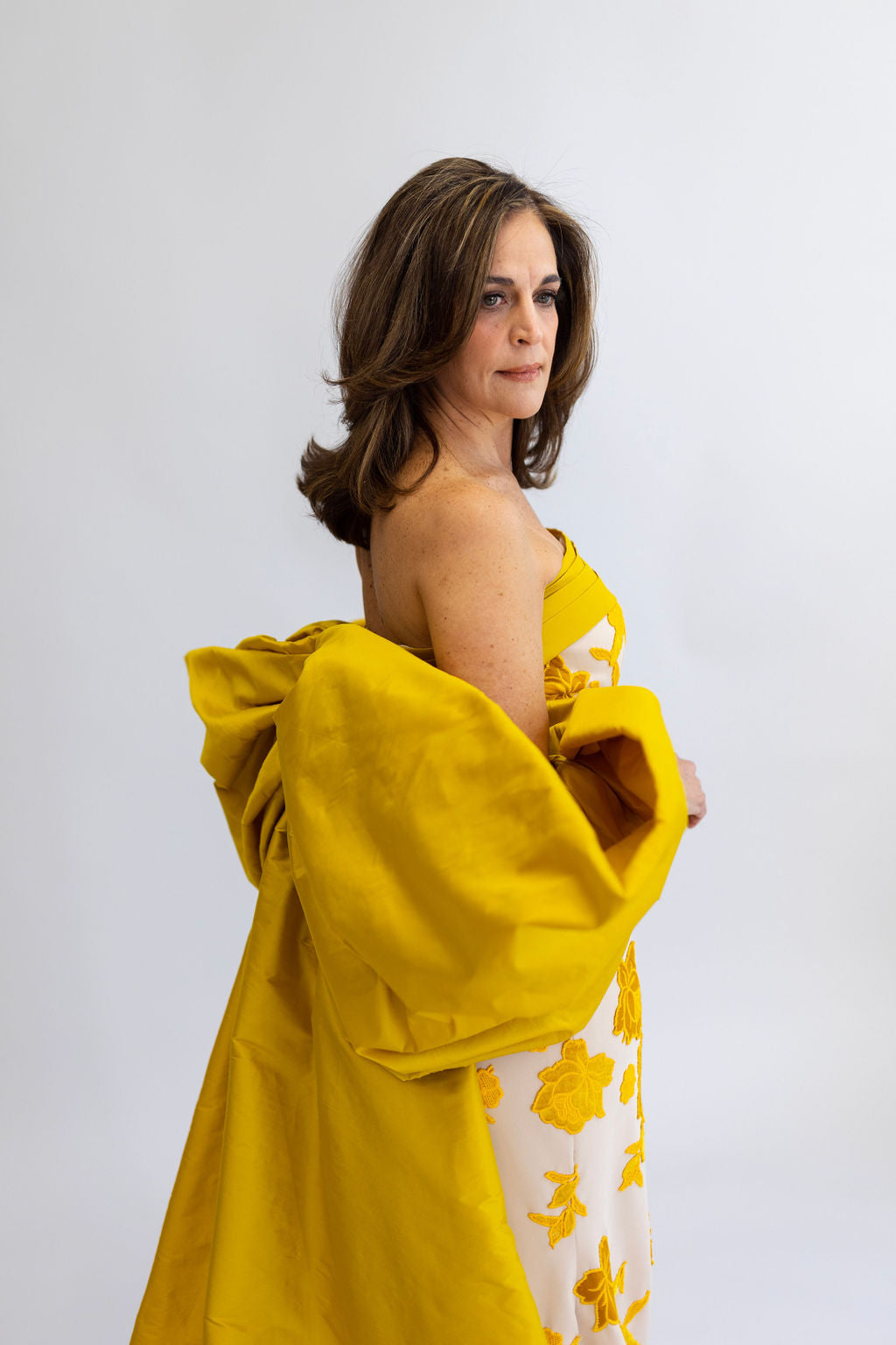 MUSTARD VELVET GUIPURE DRESS WITH REMOVABLE SLEEVES & CAPE