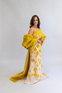 MUSTARD VELVET GUIPURE DRESS WITH REMOVABLE SLEEVES & CAPE