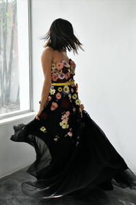 Black with Floral Details Tulle Gown