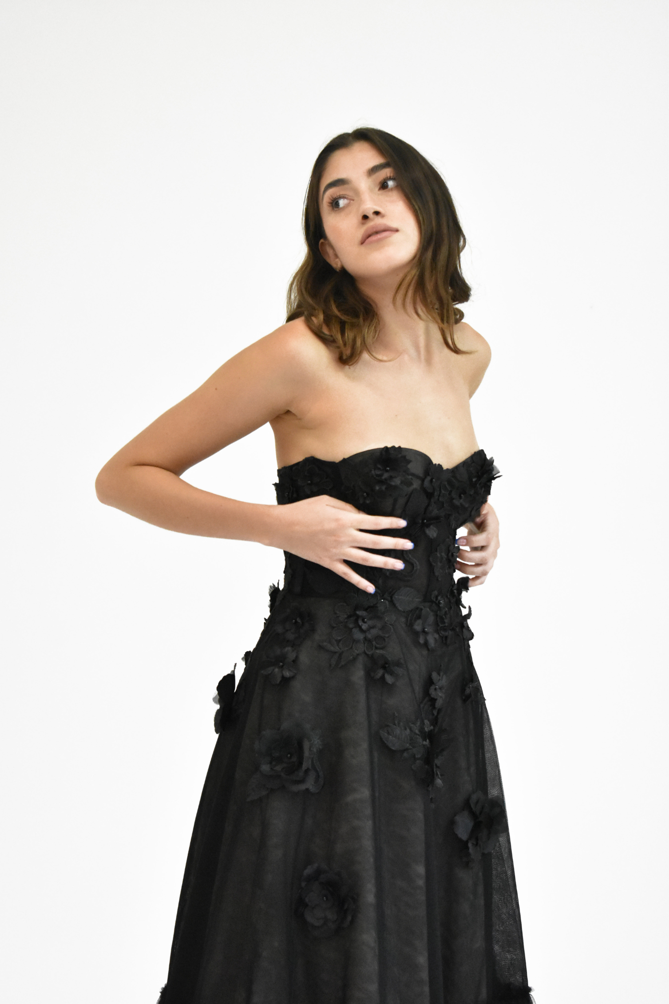 BLACK CORSET MIDI TULLE DRESS WITH FLORAL EMBROIDERY DETAILS