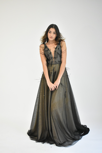 DEEP V NECK WITH CRISTAL & FEATHER DETAILS TULLE BALLGOWN IN BLACK
