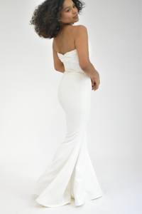 STRAPLESS BRIDAL JUMPSUIT WITH DRAPPED SILK TAFFETA DETAIL