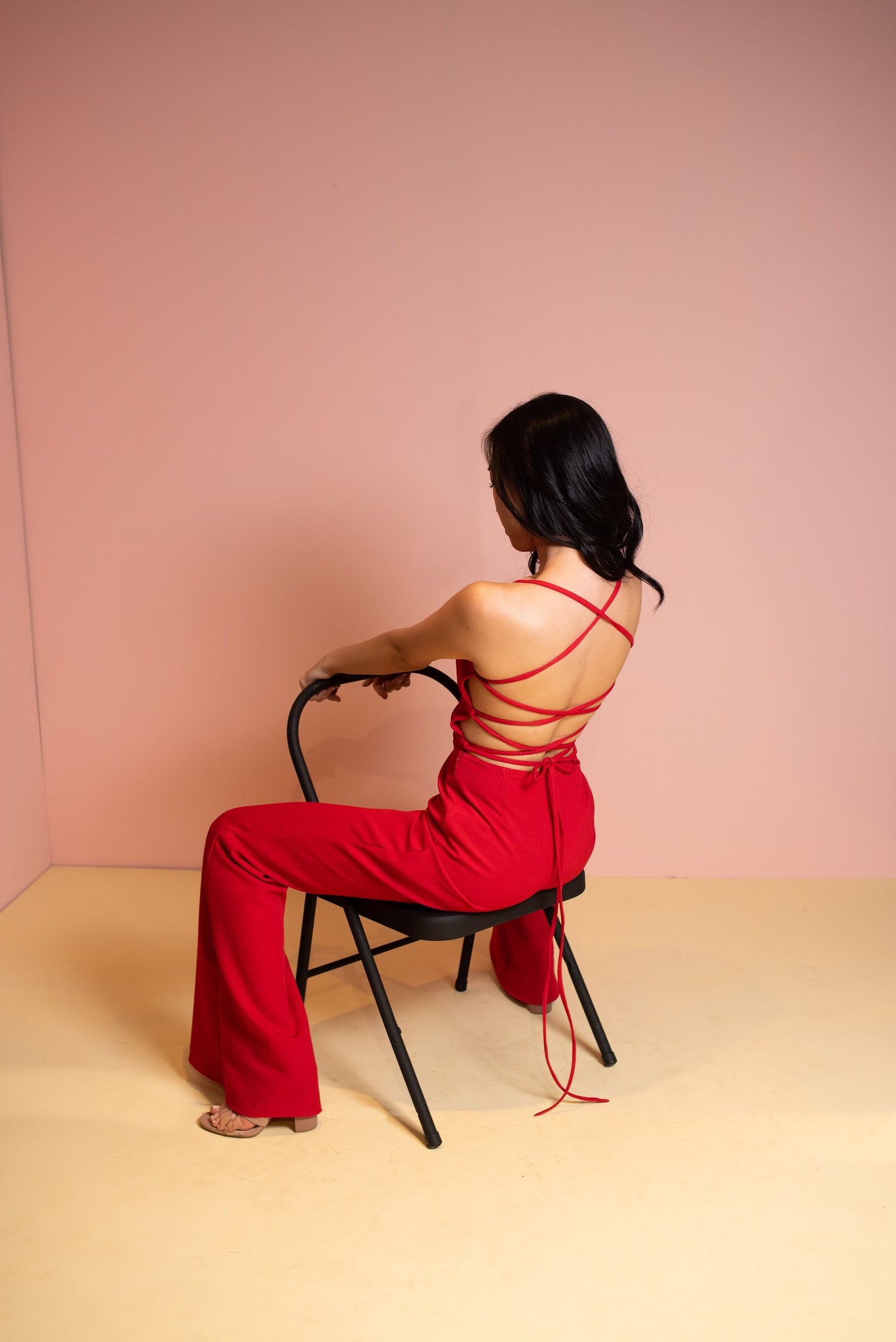 Backless red jumpsuit