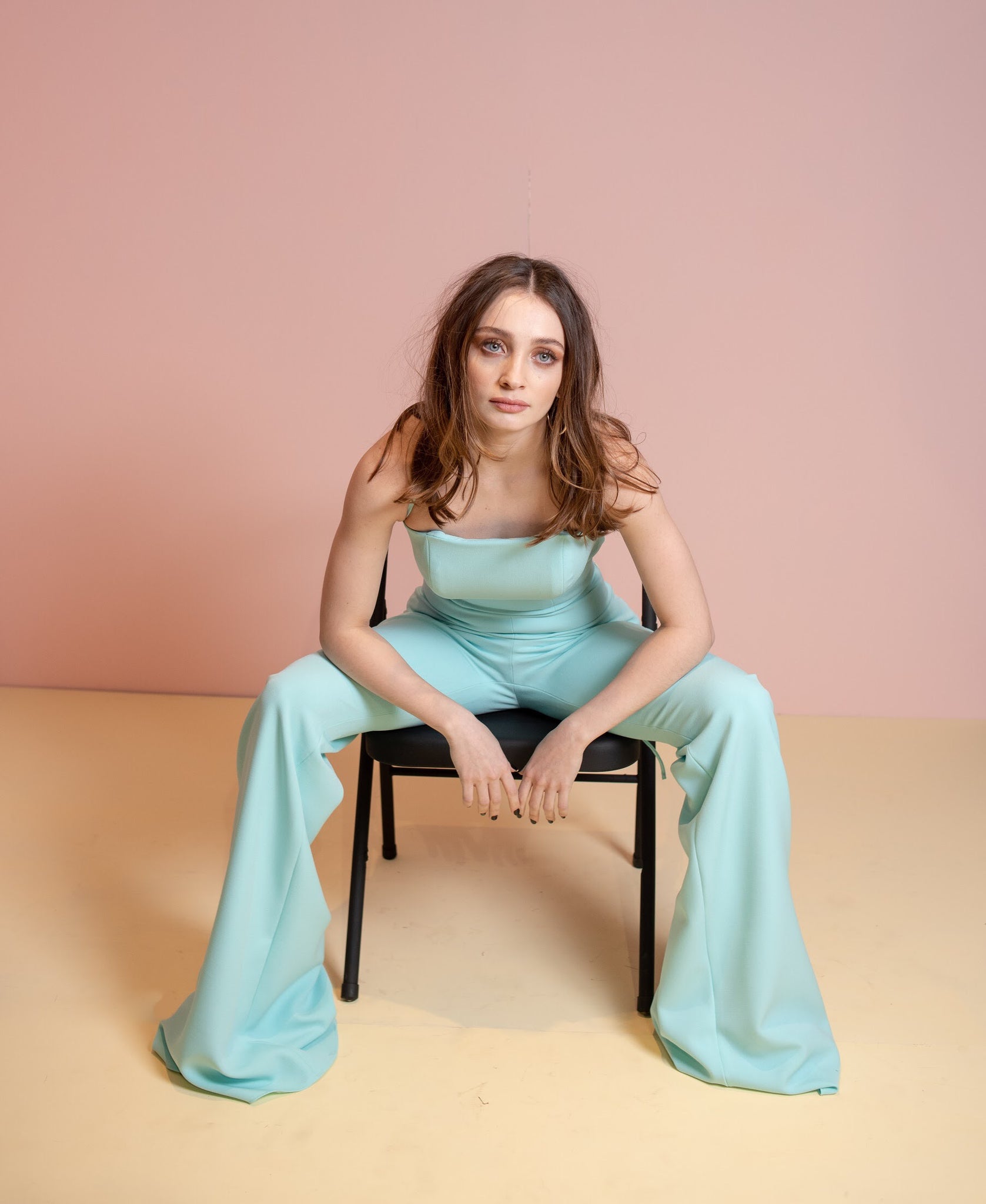 Backless baby blue jumpsuit.