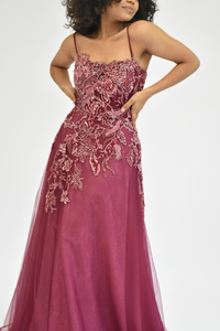 WINE BALLGOWN WITH EMBROIDERY DETAILS