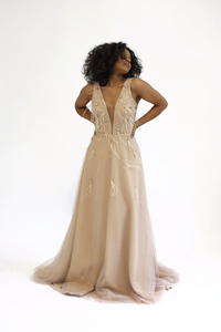 NUDE DEEP V NECK TULLE BALLGOWN WITH CRISTAL & FEATHERS