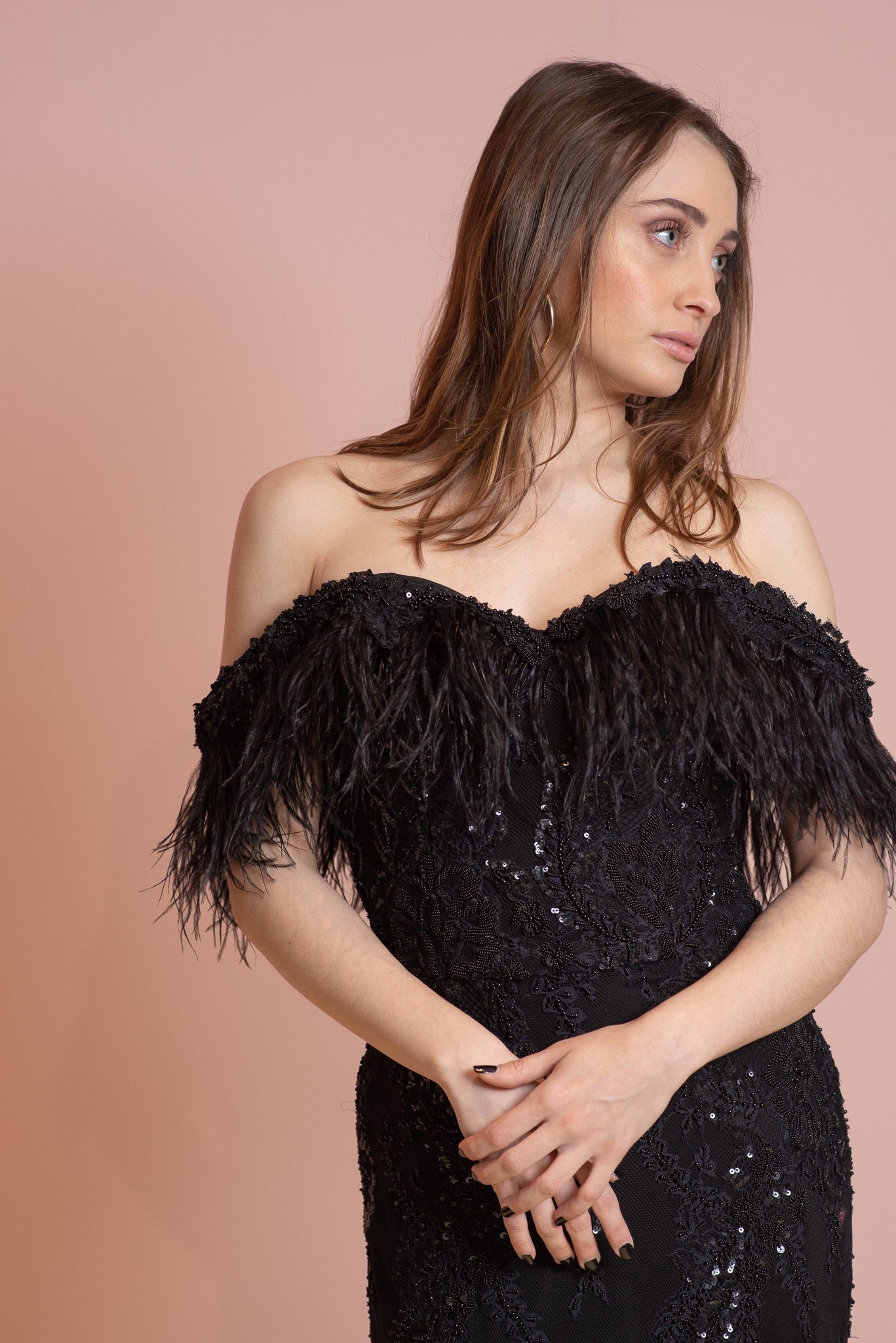 Off shoulder ostrich feather embroidery dress