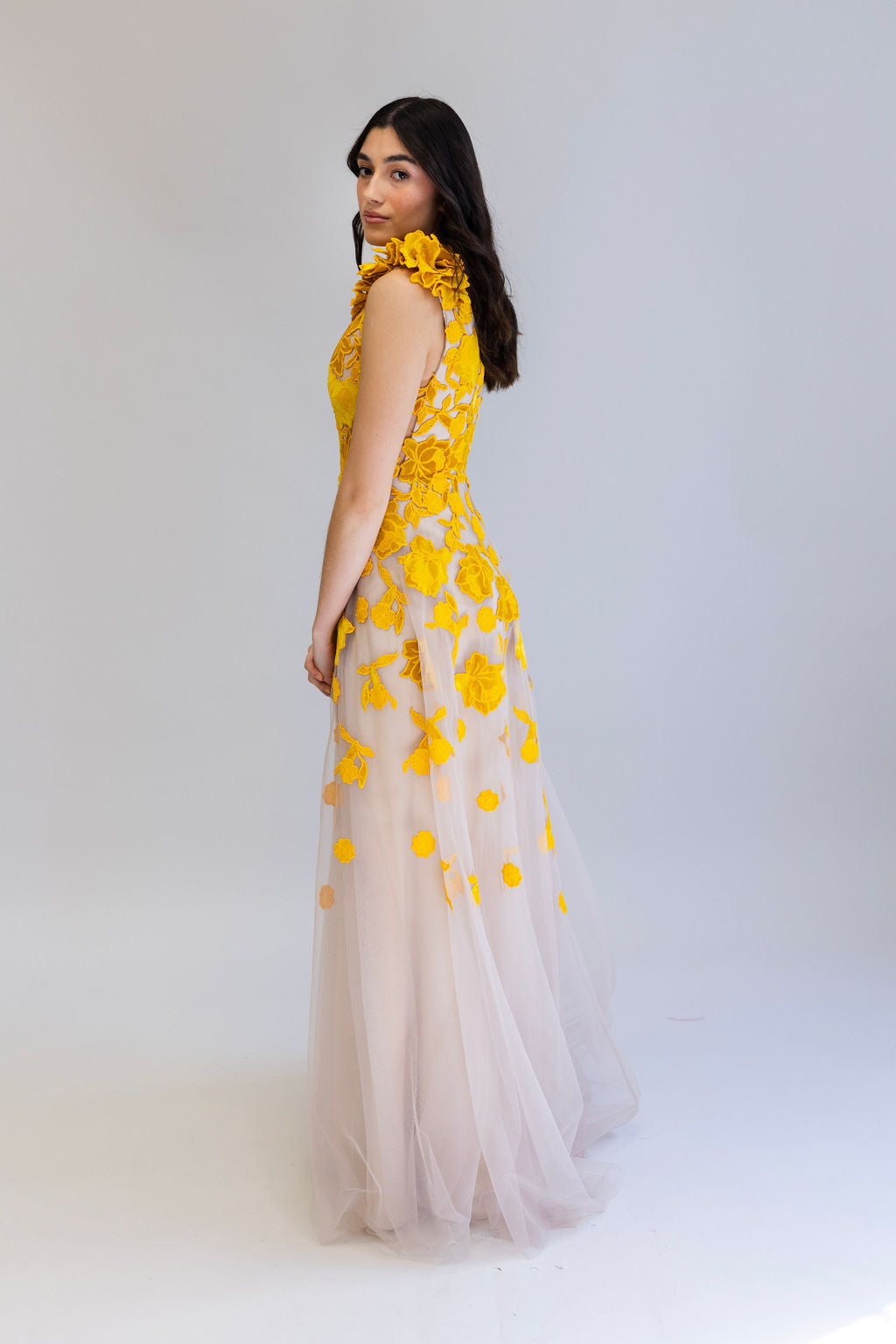 NUDE BASE BALLGOWN WITH HANDMADE GUPIURE LACE IN SUN YELLOW