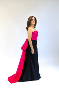 COLOR BLOCK DRESS IN BLACK CREPE AND HOT PINK SILK TAFFETA WITH BLACK CRYSTALS