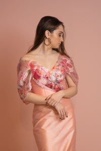 Pink with a twist of floral off the shoulder dress.