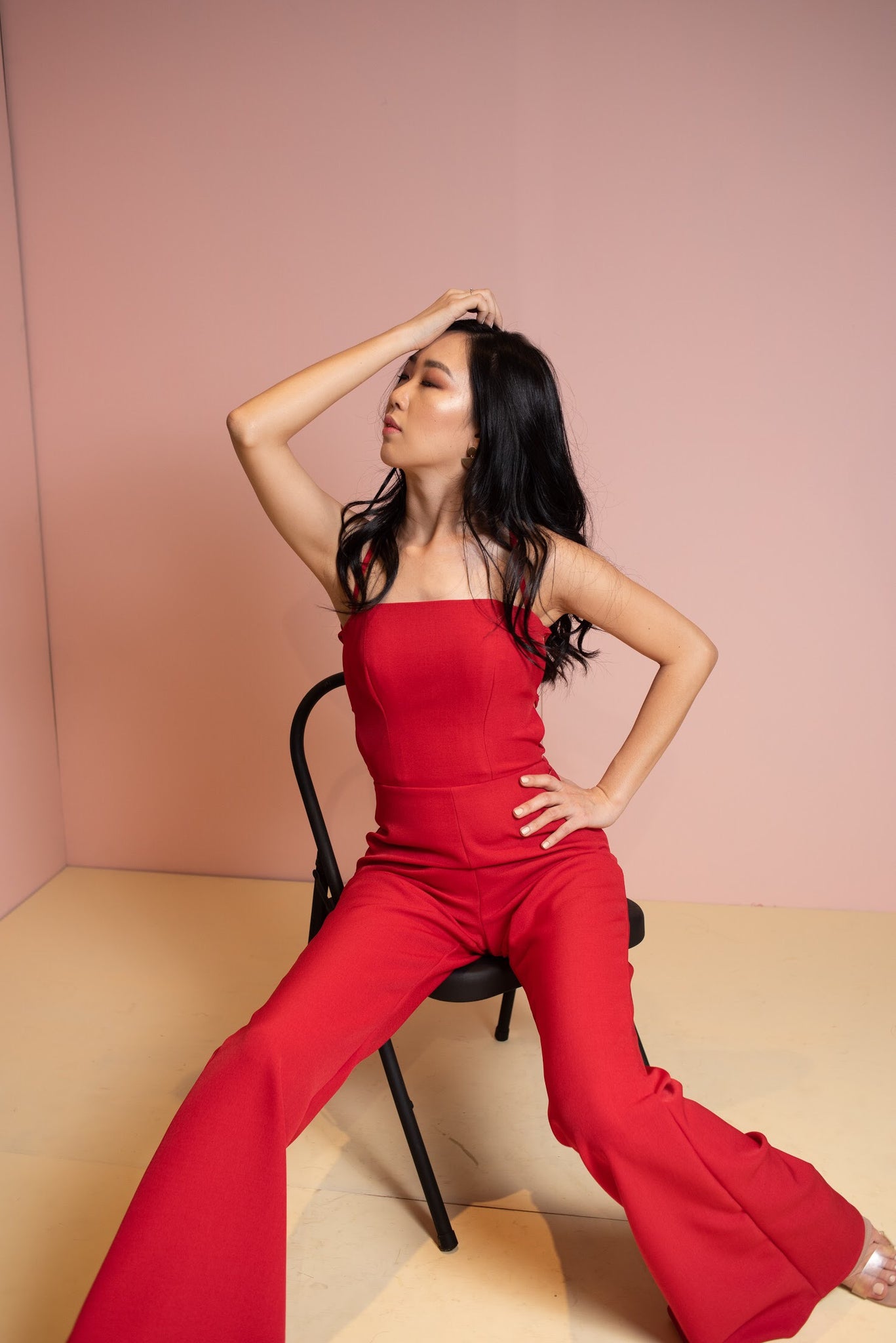 Backless red jumpsuit