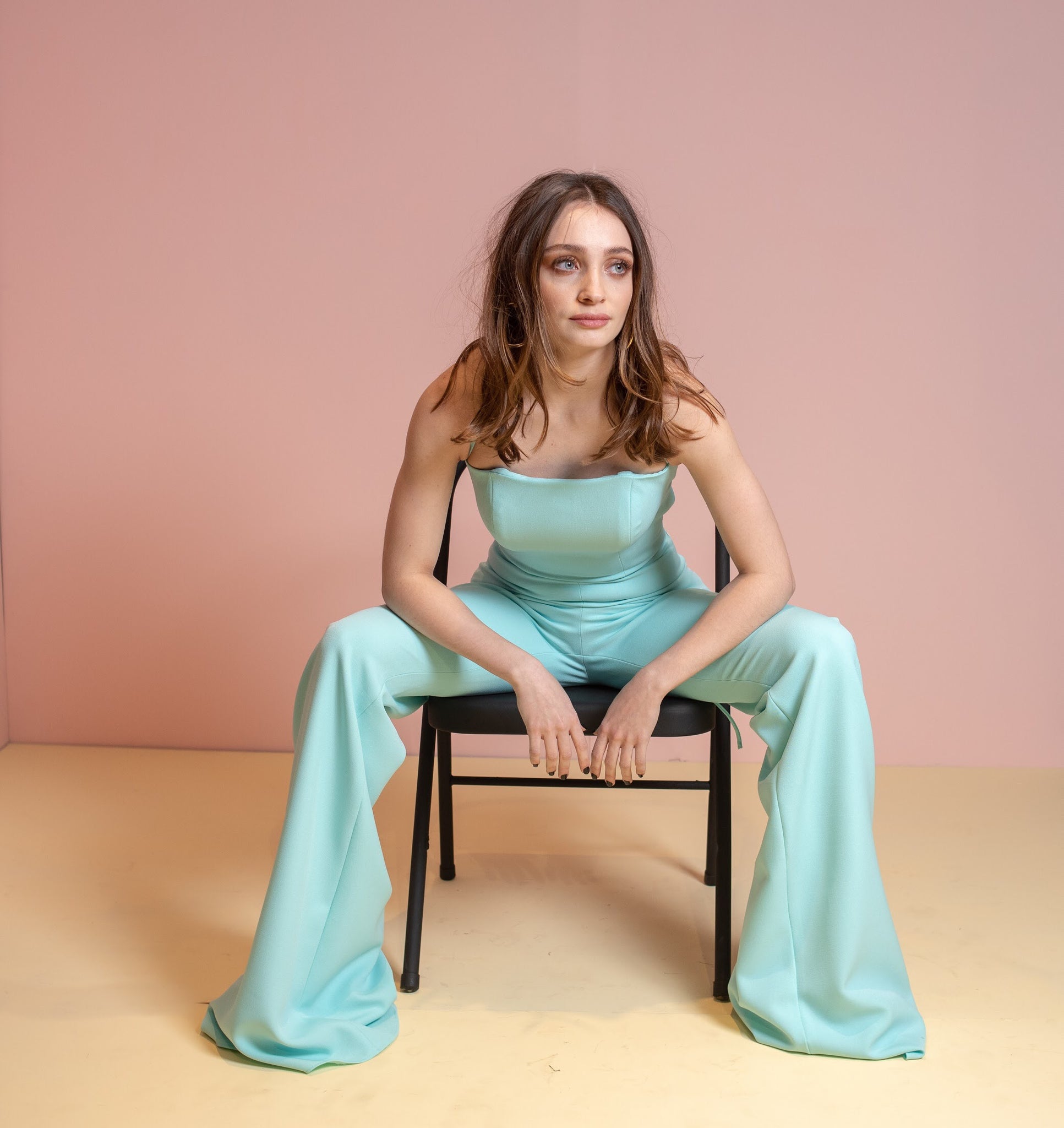 Backless baby blue jumpsuit.
