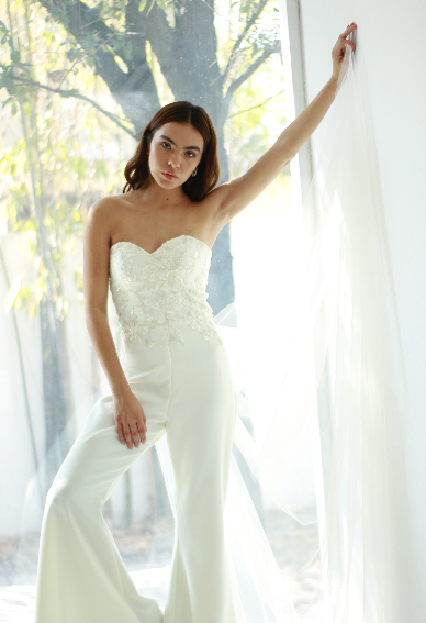 Strapless floral jumpsuit in ivory