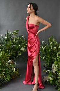 SEXY RASPBERRY SILK DRESS WITH BUSTIER TOP