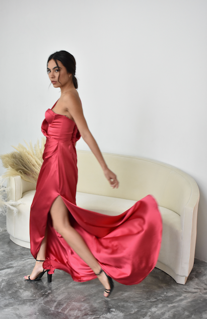 SEXY RASPBERRY SILK DRESS WITH BUSTIER TOP