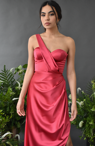SEXY RASPBERRY SILK DRESS WITH BUSTIER TOP